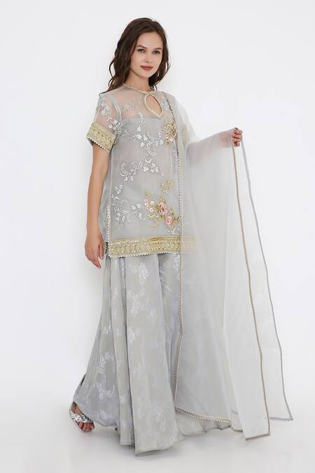 Buy_Bhairavi Jaikishan_Blue Organza, Tissue, Jacquard Embroidery Keyhole Neck Kurta Set _Online_at_Aza_Fashions