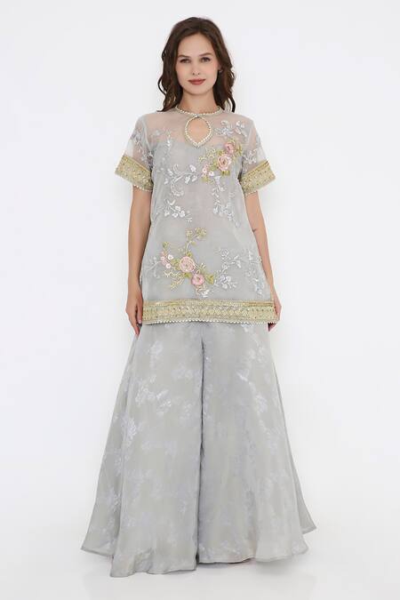 Shop_Bhairavi Jaikishan_Blue Organza, Tissue, Jacquard Embroidery Keyhole Neck Kurta Set _Online_at_Aza_Fashions