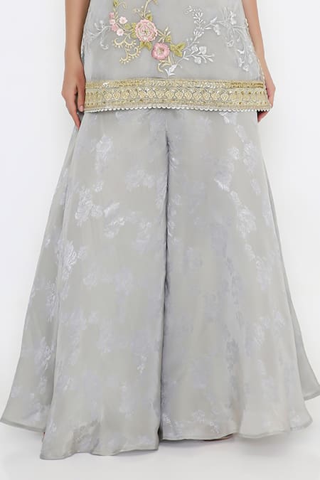 Bhairavi Jaikishan_Blue Organza, Tissue, Jacquard Embroidery Keyhole Neck Kurta Set _at_Aza_Fashions