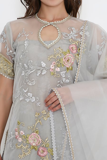 Buy_Bhairavi Jaikishan_Blue Organza, Tissue, Jacquard Embroidery Keyhole Neck Kurta Set 