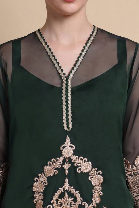 Shop_Bhairavi Jaikishan_Green Organza, Satin Embroidery V-neck Forest Designer Kurta Set _Online_at_Aza_Fashions