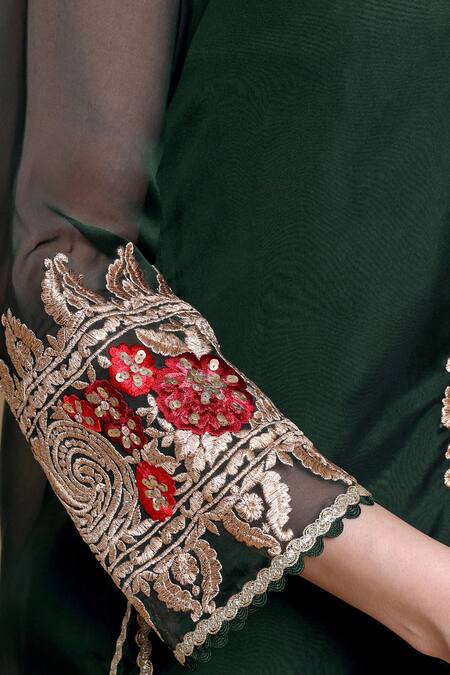 Buy_Bhairavi Jaikishan_Green Organza, Satin Embroidery V-neck Forest Designer Kurta Set 