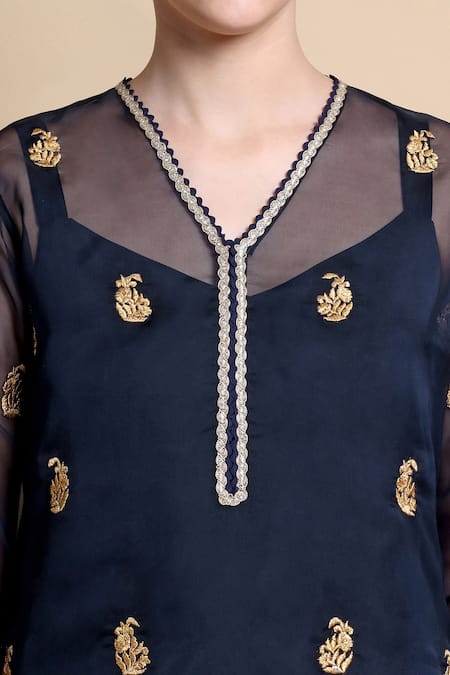 Shop_Bhairavi Jaikishan_Blue Organza, Satin Embroidery V-neck Kurta Set 
