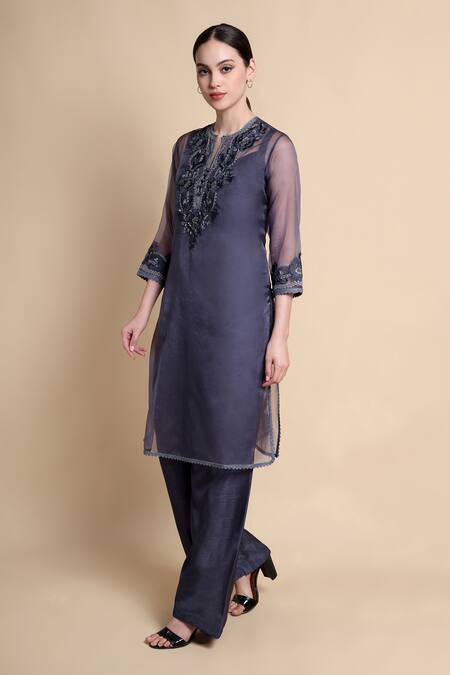 Buy_Bhairavi Jaikishan_Gray Organza, Silk Embroidery, Sequins Split V-neck Grey Kurta Set _Online_at_Aza_Fashions