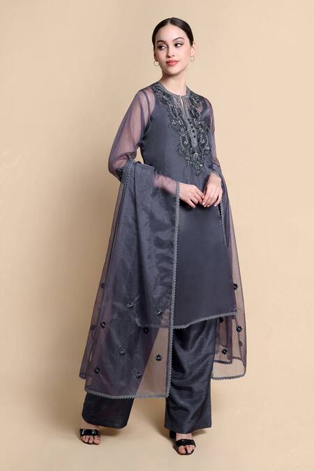 Shop_Bhairavi Jaikishan_Gray Organza, Silk Embroidery, Sequins Split V-neck Grey Kurta Set _Online_at_Aza_Fashions