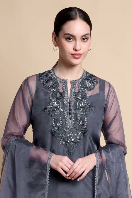 Buy_Bhairavi Jaikishan_Gray Organza, Silk Embroidery, Sequins Split V-neck Grey Kurta Set 