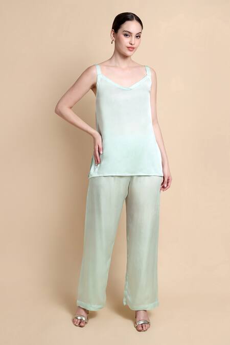 Buy_Bhairavi Jaikishan_Green Organza, Satin Embroidery Split V-neck Kurta Set _Online_at_Aza_Fashions