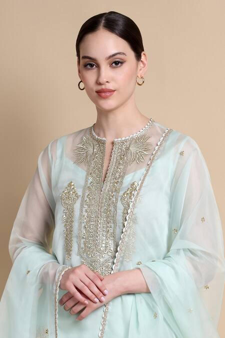 Shop_Bhairavi Jaikishan_Green Organza, Satin Embroidery Split V-neck Kurta Set 
