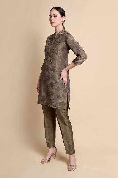 Buy_Bhairavi Jaikishan_Brown Tissue, Jacquard, Silk, Net Beads, Sequins, Embroidery Split Kurta Set _Online_at_Aza_Fashions