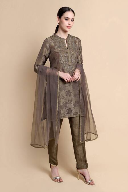 Shop_Bhairavi Jaikishan_Brown Tissue, Jacquard, Silk, Net Beads, Sequins, Embroidery Split Kurta Set _Online_at_Aza_Fashions
