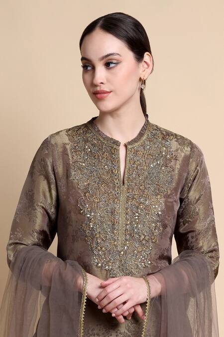Buy_Bhairavi Jaikishan_Brown Tissue, Jacquard, Silk, Net Beads, Sequins, Embroidery Split Kurta Set 