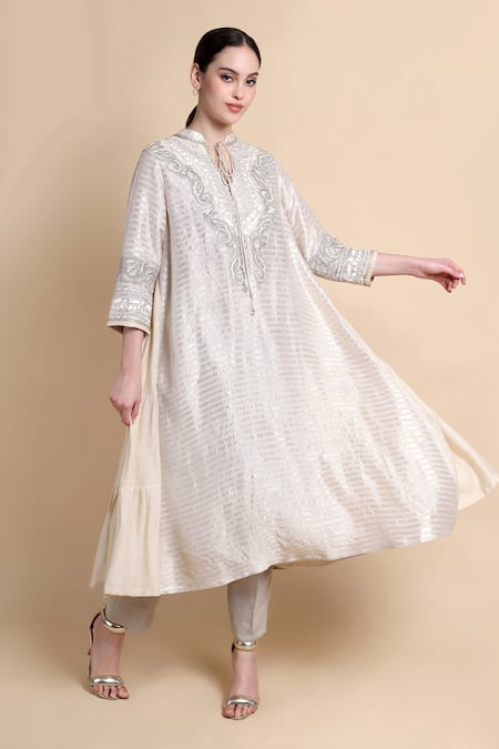 Bhairavi Jaikishan_White Embroidery Split V-neck Pure Munga Silk Kurta _at_Aza_Fashions