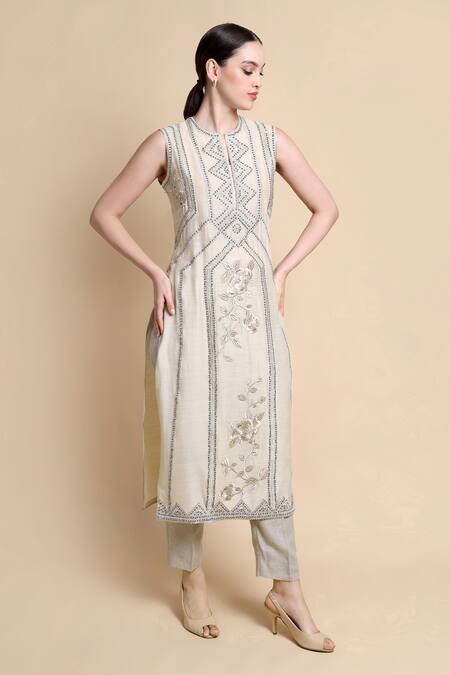 Buy_Bhairavi Jaikishan_Beige Silk, Linen Sequins, Beads Keyhole Neck Embroidered Munga Kurta Set _Online_at_Aza_Fashions