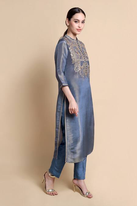 Buy_Bhairavi Jaikishan_Navy Tissue, Silk Embroidery Mandarin Collar Kurta _Online_at_Aza_Fashions
