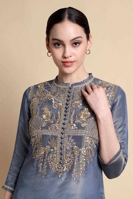 Shop_Bhairavi Jaikishan_Navy Tissue, Silk Embroidery Mandarin Collar Kurta _Online_at_Aza_Fashions