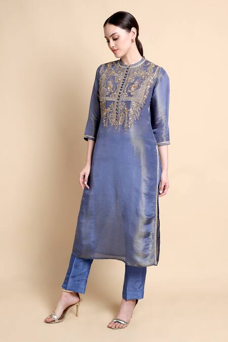 Buy_Bhairavi Jaikishan_Navy Tissue, Silk Embroidery Mandarin Collar Kurta 