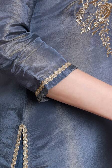 Shop_Bhairavi Jaikishan_Navy Tissue, Silk Embroidery Mandarin Collar Kurta 