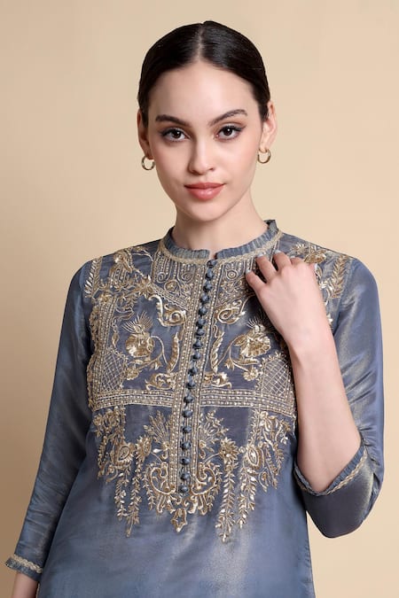Bhairavi Jaikishan_Navy Tissue, Silk Embroidery Round Neck Kurta Set _at_Aza_Fashions