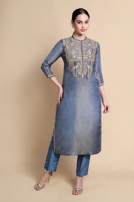Buy_Bhairavi Jaikishan_Navy Tissue, Silk Embroidery Round Neck Kurta Set 