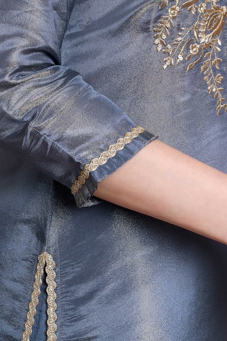 Shop_Bhairavi Jaikishan_Navy Tissue, Silk Embroidery Round Neck Kurta Set 