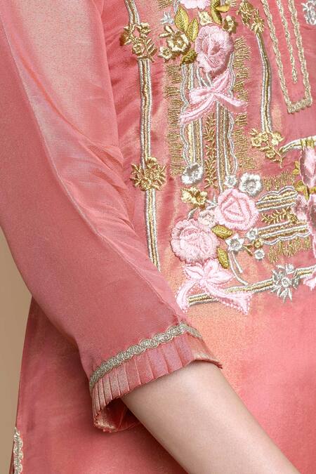 Bhairavi Jaikishan_Pink Tissue Embroidery Mandarin Collar Silk Kurta _Online_at_Aza_Fashions