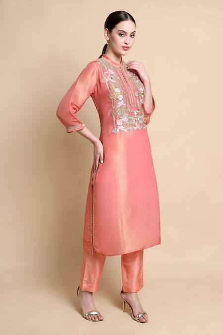 Buy_Bhairavi Jaikishan_Pink Tissue Embroidery Mandarin Collar Silk Kurta 
