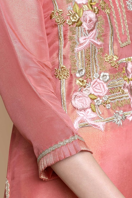 Bhairavi Jaikishan_Pink Tissue, Silk Embroidery Mandarin Collar Kurta Trouser Set _Online_at_Aza_Fashions