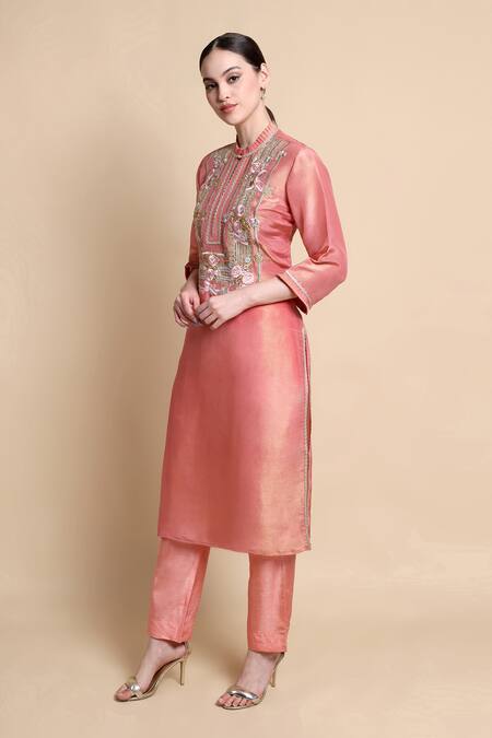 Shop_Bhairavi Jaikishan_Pink Tissue, Silk Embroidery Mandarin Collar Kurta Trouser Set _Online_at_Aza_Fashions