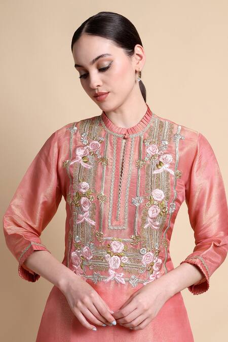 Bhairavi Jaikishan_Pink Tissue, Silk Embroidery Mandarin Collar Kurta Trouser Set _at_Aza_Fashions