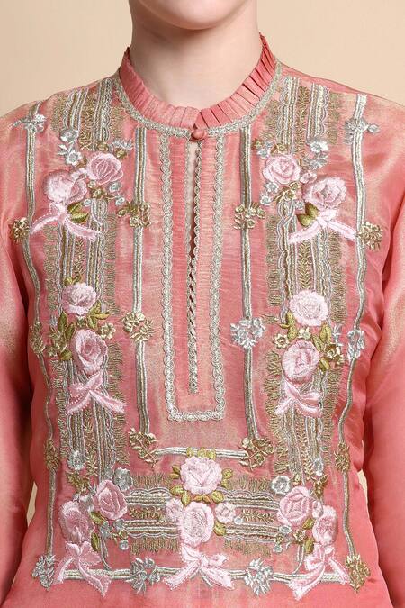 Shop_Bhairavi Jaikishan_Pink Tissue, Silk Embroidery Mandarin Collar Kurta Trouser Set 