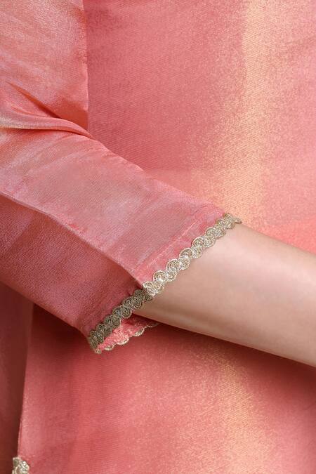 Buy_Bhairavi Jaikishan_Pink Tissue, Silk Embroidery Split V-neck Kurta _Online_at_Aza_Fashions