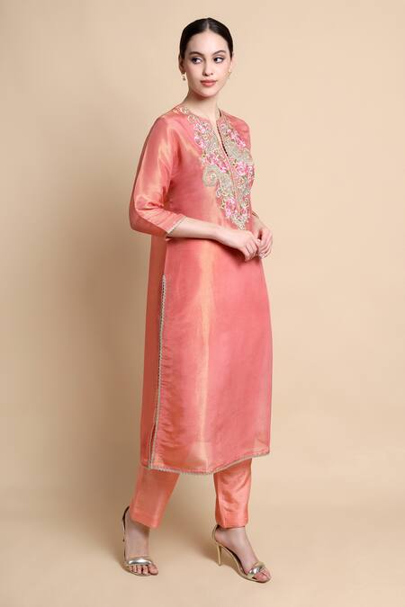 Shop_Bhairavi Jaikishan_Pink Tissue, Silk Embroidery Split V-neck Kurta _Online_at_Aza_Fashions