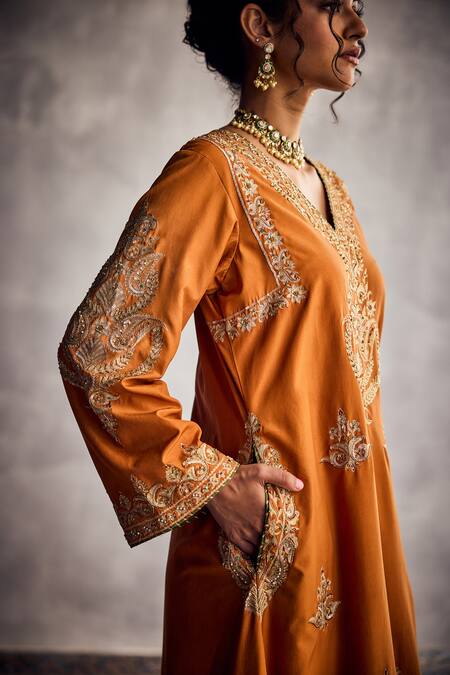 Buy Aman Takyar Orange Silk Embroidery V-neck Brick Kurta Set Online at Aza Fashions Buy_Aman Takyar_Orange Silk Embroidery V-neck Brick Kurta Set _Online_at_Aza_Fashions