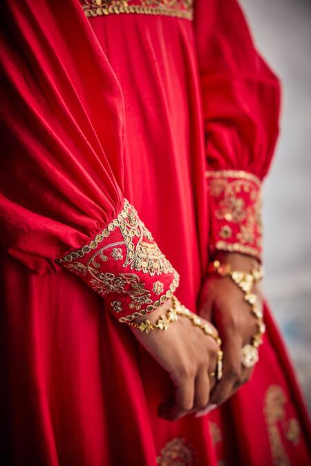 Aman Takyar_Red Embroidery V-neck Angarkha Kurta _Online_at_Aza_Fashions
