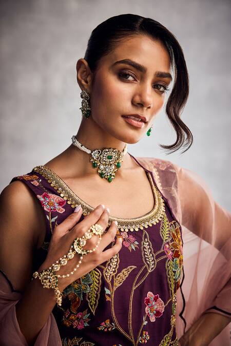 Aman Takyar_Purple Organza Embroidery Round Neck Dark Kurta Set _Online_at_Aza_Fashions