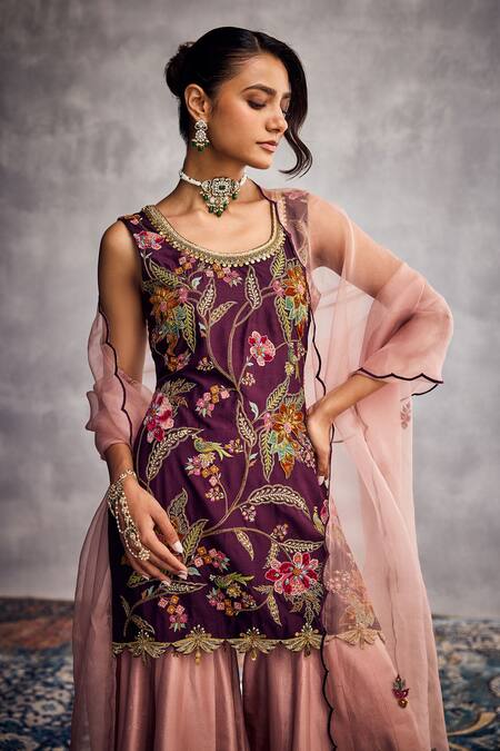 Buy_Aman Takyar_Purple Organza Embroidery Round Neck Dark Kurta Set _Online_at_Aza_Fashions