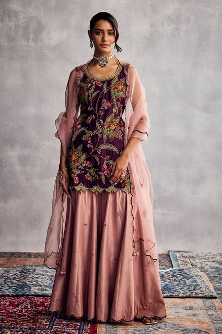 Shop_Aman Takyar_Purple Organza Embroidery Round Neck Dark Kurta Set _Online_at_Aza_Fashions