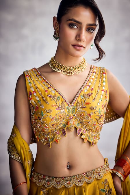 Buy_Aman Takyar_Yellow Organza Sequins, Embroidery, Beads V-neck Designer Spectra Lehenga Set _Online_at_Aza_Fashions