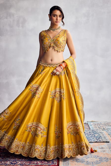 Aman Takyar_Yellow Organza Sequins, Embroidery, Beads V-neck Designer Spectra Lehenga Set _at_Aza_Fashions