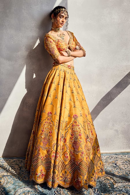 Shop_Aman Takyar_Yellow Organza Sequins, Embroidery V-neck Marigold Lehenga Set _Online_at_Aza_Fashions