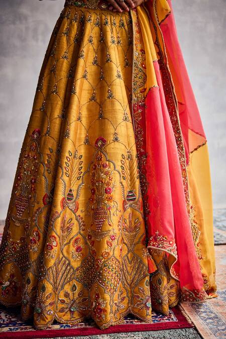 Aman Takyar_Yellow Organza Sequins, Embroidery V-neck Marigold Lehenga Set _at_Aza_Fashions