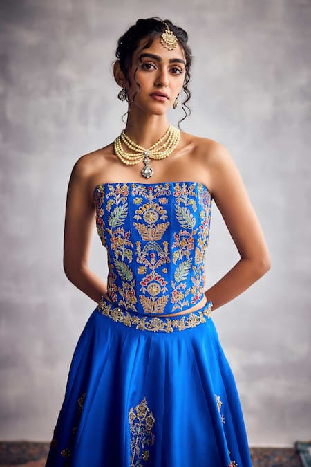 Aman Takyar_Cobalt Organza Embroidery, Zari Blue Fusion Lehenga Set _Online_at_Aza_Fashions