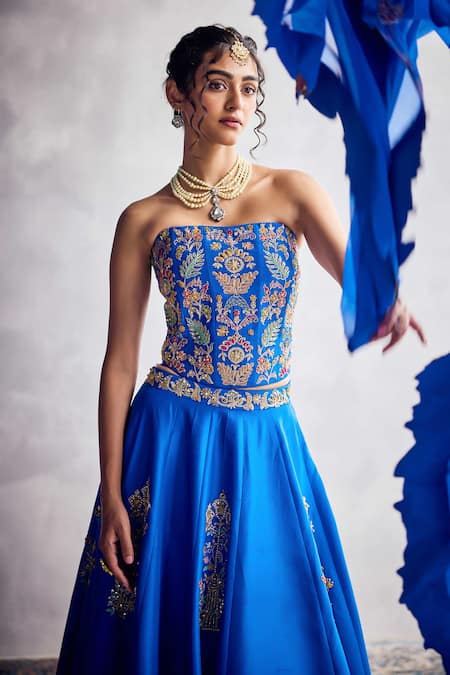 Buy_Aman Takyar_Cobalt Organza Embroidery, Zari Blue Fusion Lehenga Set _Online_at_Aza_Fashions
