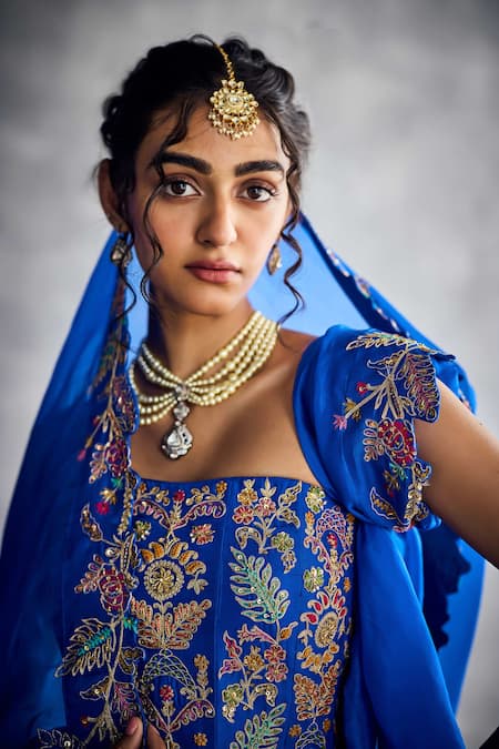 Shop_Aman Takyar_Cobalt Organza Embroidery, Zari Blue Fusion Lehenga Set _Online_at_Aza_Fashions