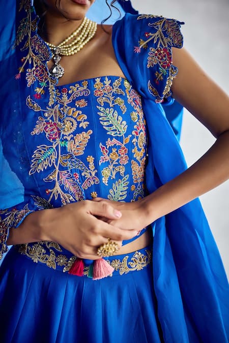 Buy_Aman Takyar_Cobalt Organza Embroidery, Zari Blue Fusion Lehenga Set 