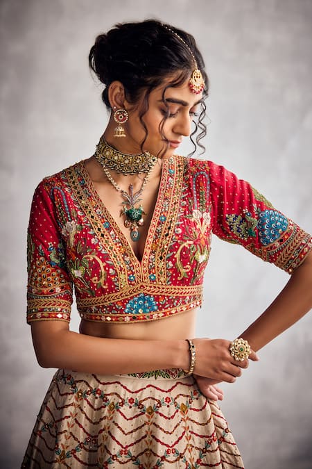 Aman Takyar Red Silk, Organza Beads, Sequins, Embroidery V-neck Ivory Dupion Lehenga Set Online at Aza Fashions Aman Takyar_Red Silk, Organza Beads, Sequins, Embroidery V-neck Ivory Dupion Lehenga Set _Online_at_Aza_Fashions