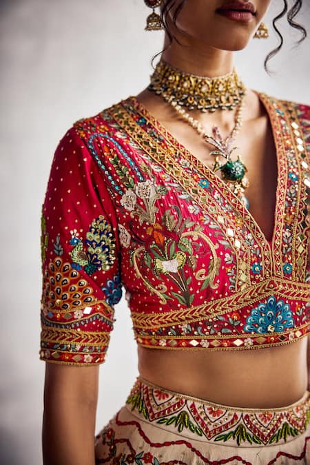 Buy Aman Takyar Red Silk, Organza Beads, Sequins, Embroidery V-neck Ivory Dupion Lehenga Set Online at Aza Fashions Buy_Aman Takyar_Red Silk, Organza Beads, Sequins, Embroidery V-neck Ivory Dupion Lehenga Set _Online_at_Aza_Fashions