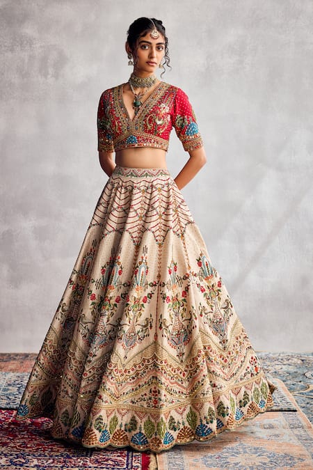 Shop Aman Takyar Red Silk, Organza Beads, Sequins, Embroidery V-neck Ivory Dupion Lehenga Set Online at Aza Fashions Shop_Aman Takyar_Red Silk, Organza Beads, Sequins, Embroidery V-neck Ivory Dupion Lehenga Set _Online_at_Aza_Fashions