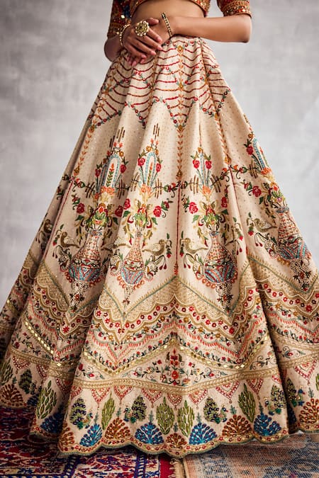 Aman Takyar Red Silk, Organza Beads, Sequins, Embroidery V-neck Ivory Dupion Lehenga Set at Aza Fashions Aman Takyar_Red Silk, Organza Beads, Sequins, Embroidery V-neck Ivory Dupion Lehenga Set _at_Aza_Fashions