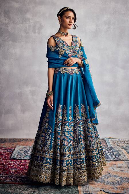 Buy Aman Takyar Blue Organza Embroidery V-neck Deep Ocean Classic Lehenga Set Online at Aza Fashions Buy_Aman Takyar_Blue Organza Embroidery V-neck Deep Ocean Classic Lehenga Set _Online_at_Aza_Fashions